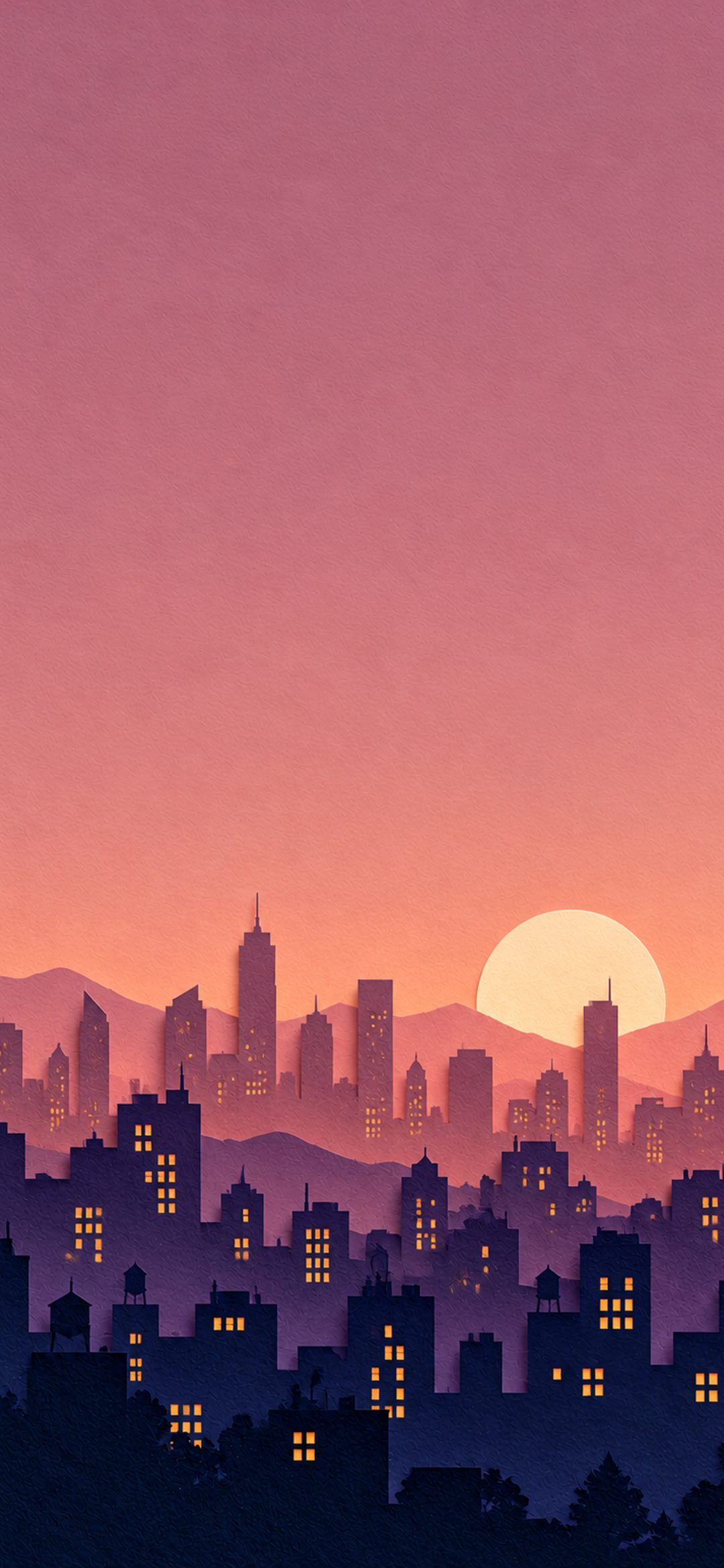 Layered indigo city skyline with warm glowing windows