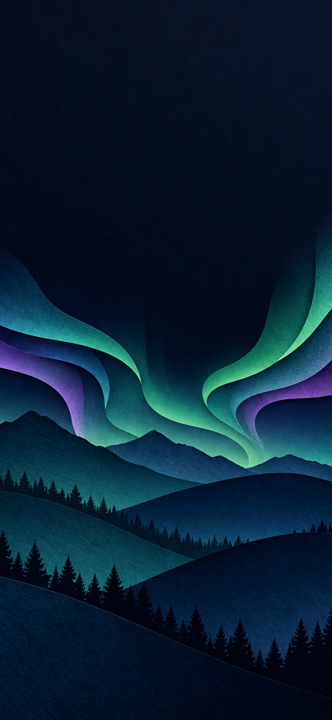 Paper-cut teal hills beneath green and violet northern lights