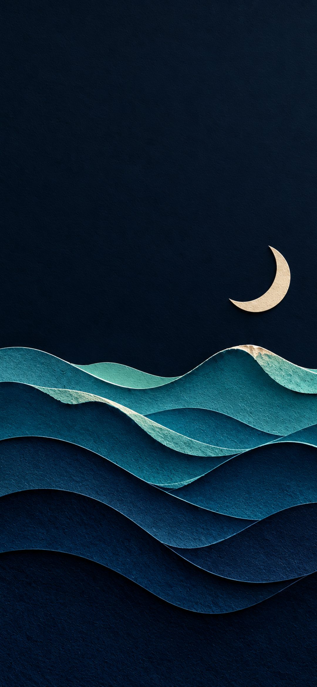 Layered turquoise paper ocean waves beneath a crescent moon