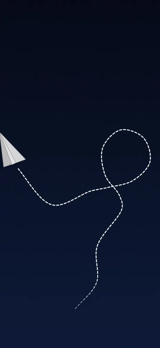 Paper Plane Loop: a white paper plane flies a dashed loop-the-loop path across a deep navy background, iPhone wallpaper
