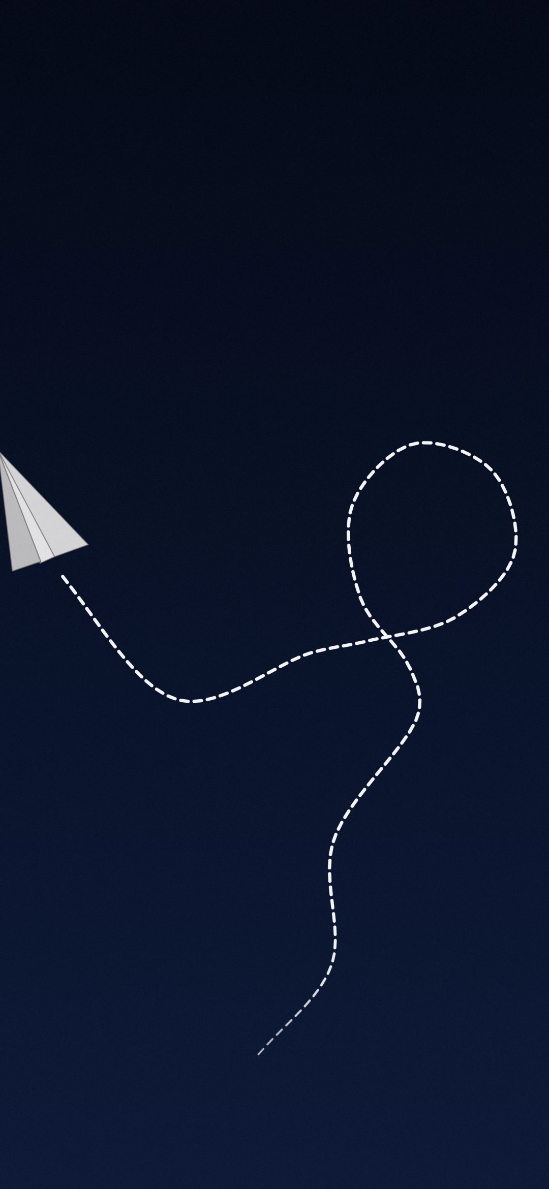 Paper Plane Loop: a white paper plane flies a dashed loop-the-loop path across a deep navy background, iPhone wallpaper