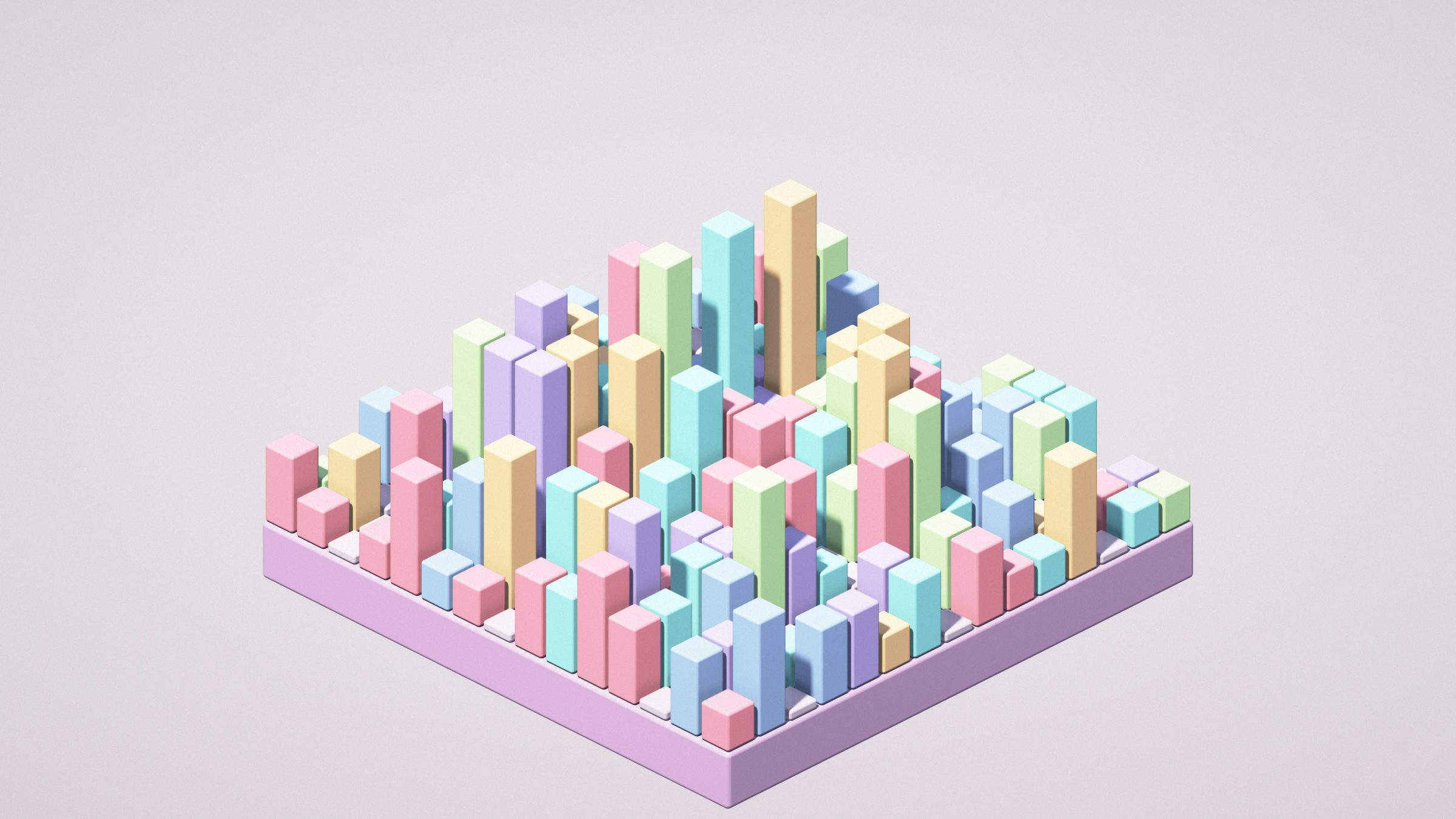 Pastel Block City: pastel towers in pink, peach, mint, aqua, blue and lilac rise in blocks between little streets on a floating lilac base, PC wallpaper
