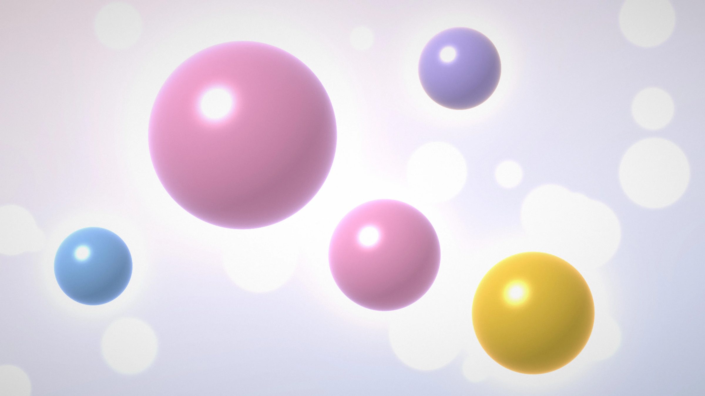 Pastel Bubbles: glossy pastel pink, blue, lilac and yellow spheres float in a light, dreamy space with soft bokeh, PC wallpaper