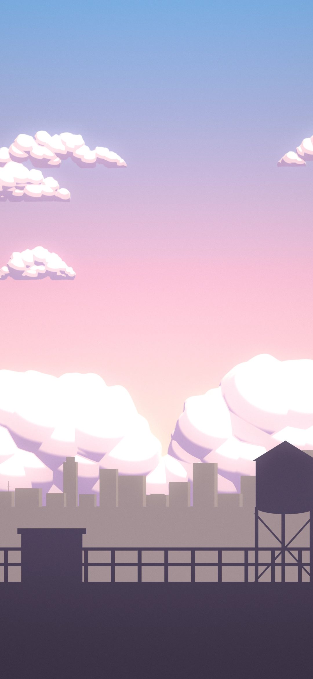 Pastel Morning Rooftop: a soft pink and blue morning sky full of fluffy white clouds, seen from a rooftop with a railing, a water tank and the city beyond, iPhone wallpaper
