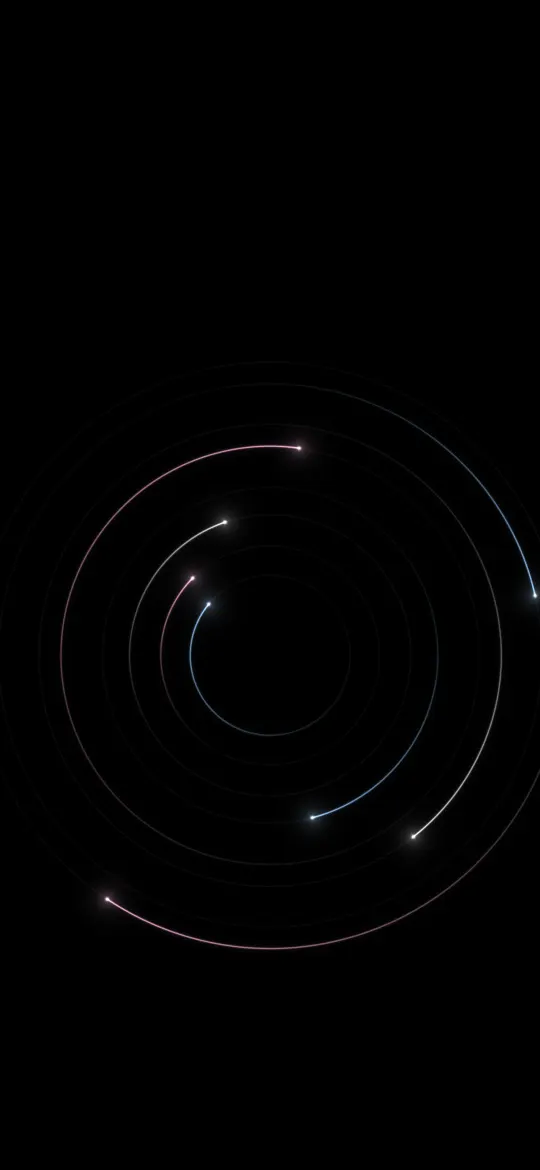 Pastel Orbit Trails: fine pastel blue and pink orbits circle a dark centre on true black, each arc fading into a long tail behind a glowing point, iPhone wallpaper
