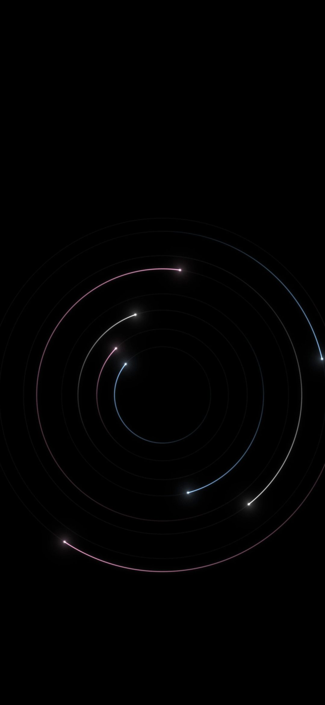 Pastel Orbit Trails: fine pastel blue and pink orbits circle a dark centre on true black, each arc fading into a long tail behind a glowing point, iPhone wallpaper