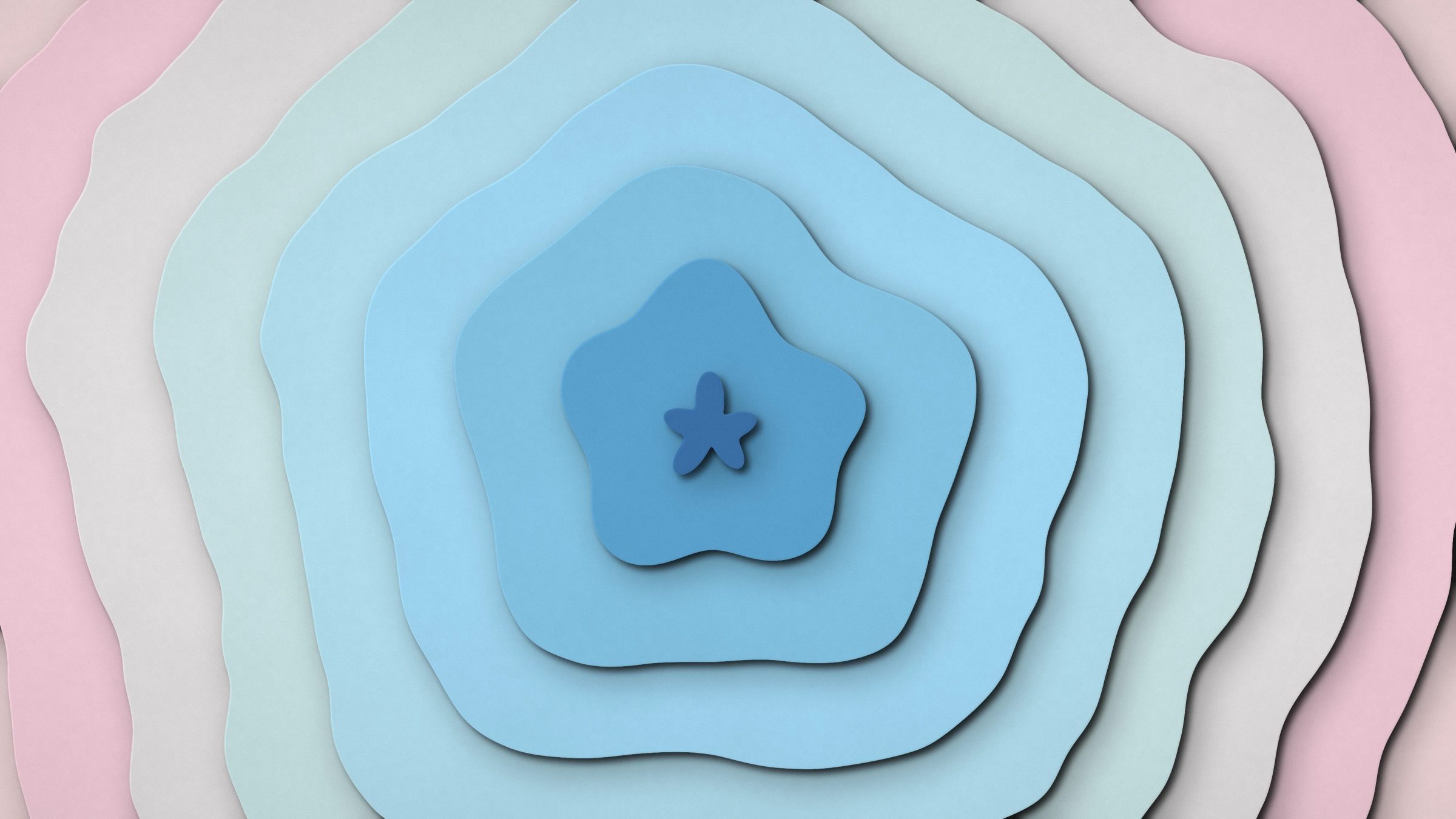 Pastel Paper Contours: paper sheets cut into soft contours stack from blush pink and mint up to sky and cobalt blue, like a little paper island, PC wallpaper