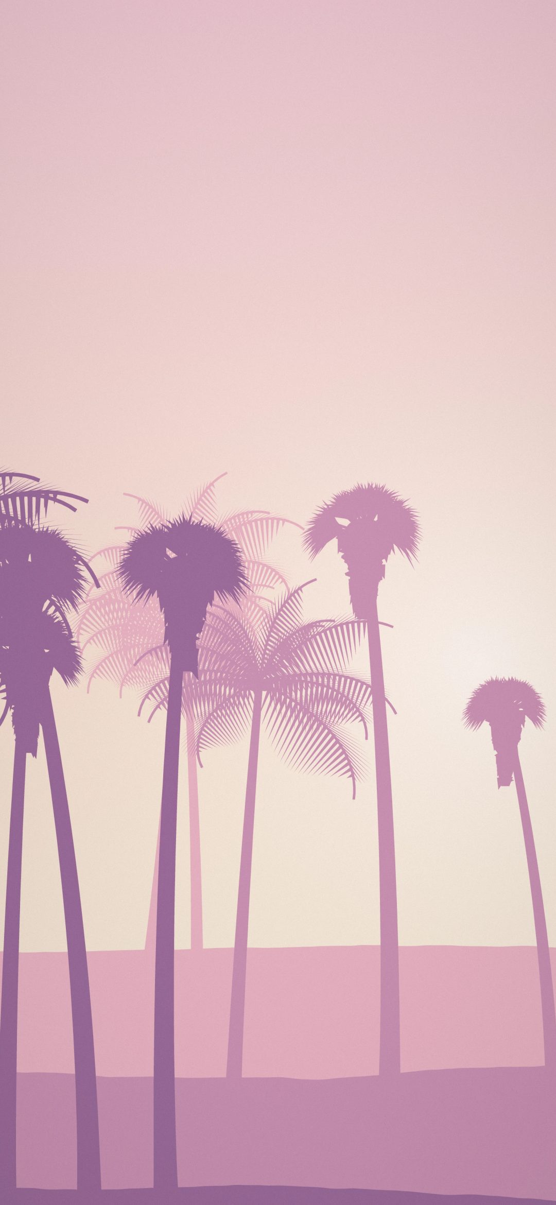 Pastel Pink Palms: layers of pastel pink and lilac palm silhouettes fade into a soft pink sky, iPhone wallpaper