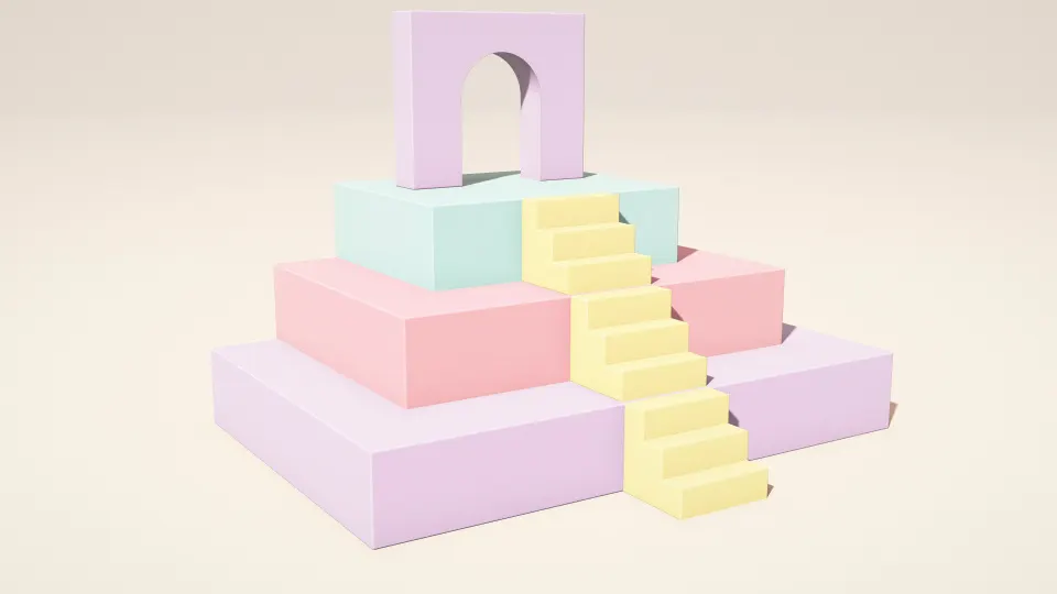 Pastel Terrace Temple: stepped lilac, pink and mint terraces with yellow stairs climb to an arched gateway on top, casting soft shadows in the sun, PC wallpaper