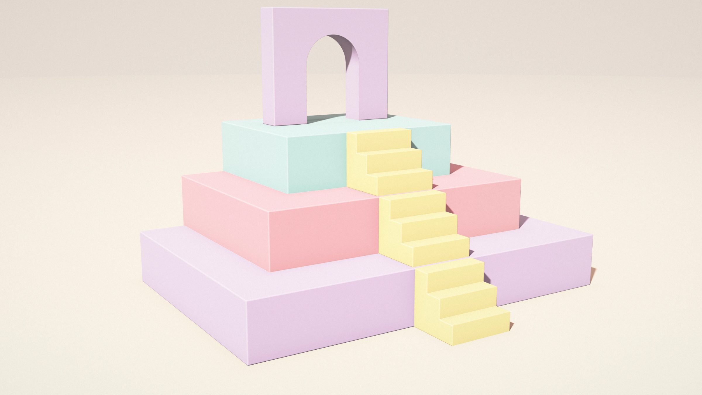 Pastel Terrace Temple: stepped lilac, pink and mint terraces with yellow stairs climb to an arched gateway on top, casting soft shadows in the sun, PC wallpaper