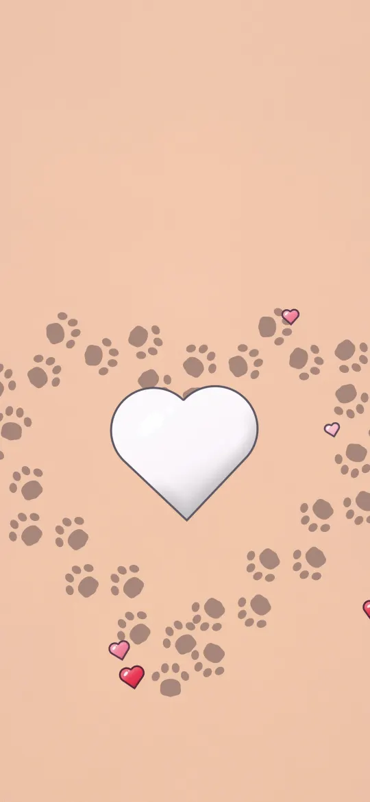 Paw Print Heart Loop: brown paw prints walk in a big heart-shaped loop around a glossy white heart on soft peach, iPhone wallpaper