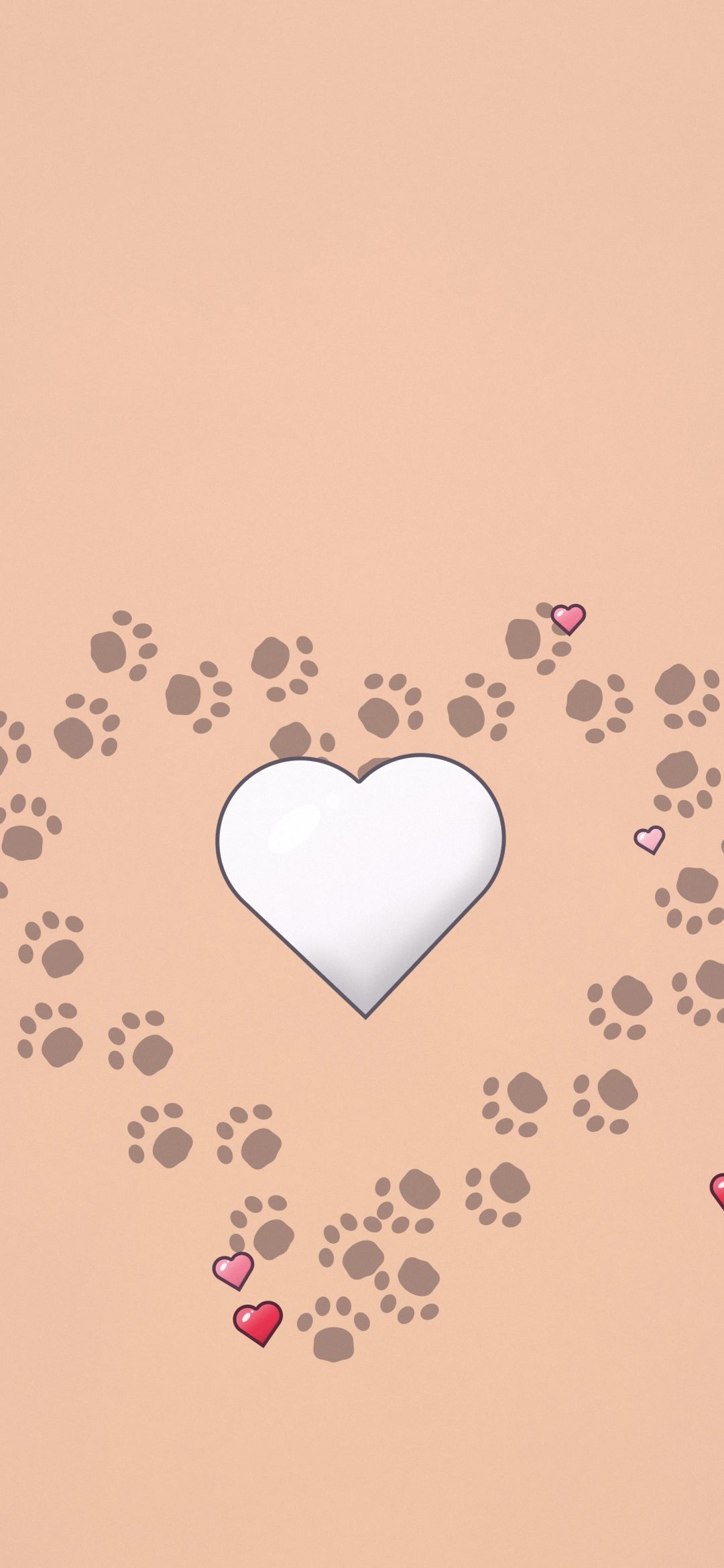 Paw Print Heart Loop: brown paw prints walk in a big heart-shaped loop around a glossy white heart on soft peach, iPhone wallpaper
