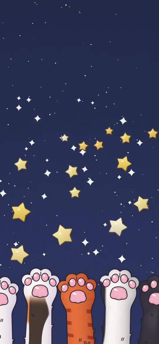 Paws Reaching for Stars: five cat paws in white, calico, ginger and black reach for golden stars scattered across a navy night sky, iPhone wallpaper