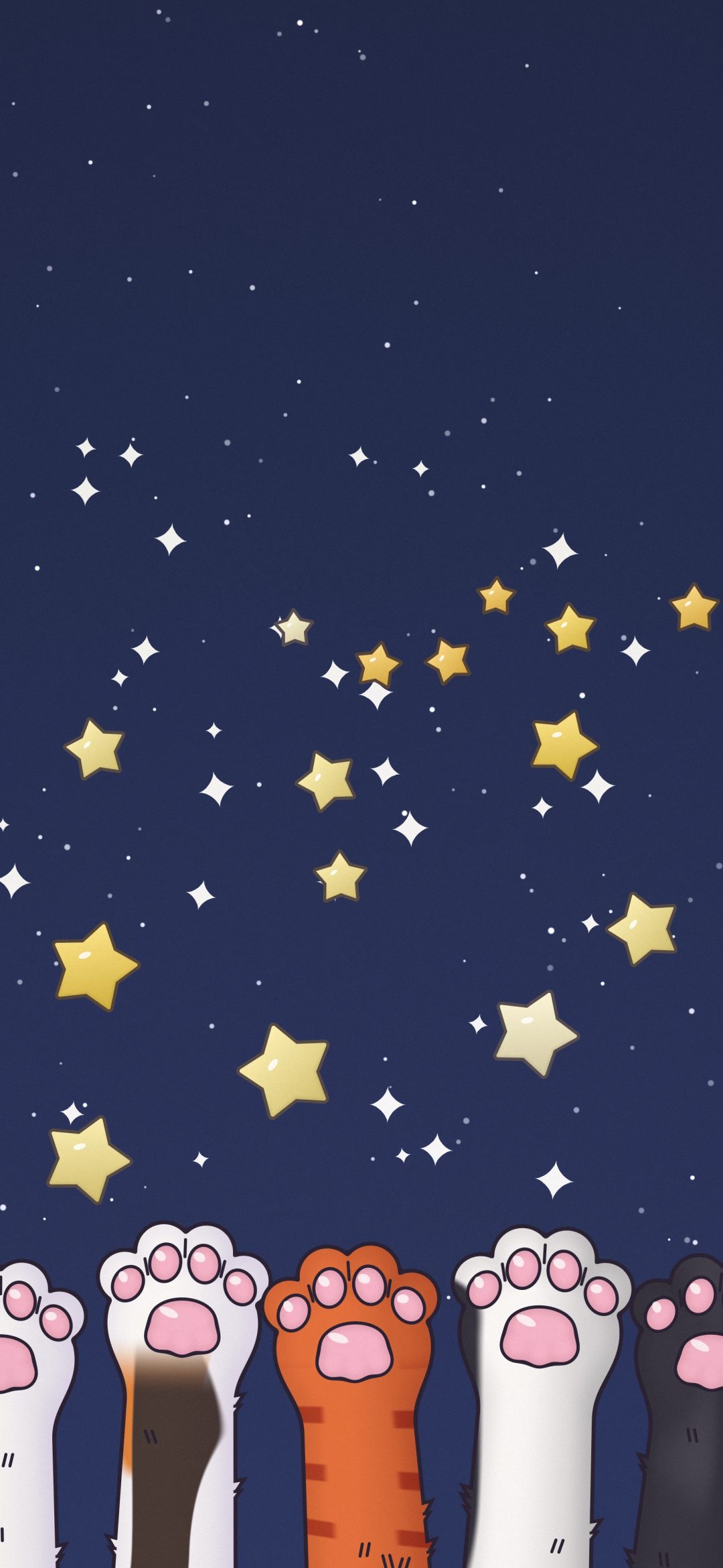 Paws Reaching for Stars: five cat paws in white, calico, ginger and black reach for golden stars scattered across a navy night sky, iPhone wallpaper
