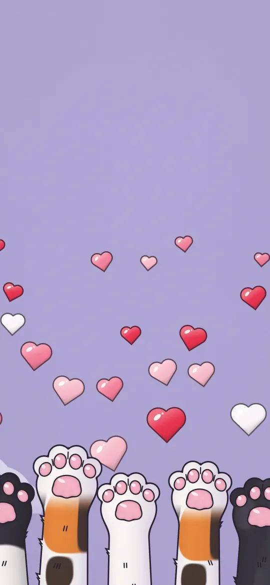 Paws Up for Love: a row of cartoon cat paws in white, black, calico and ginger reach up from the bottom towards glossy red, pink and white hearts on soft lavender, iPhone wallpaper