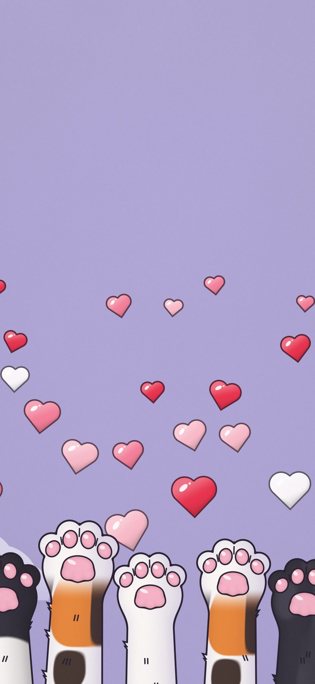 Paws Up for Love: a row of cartoon cat paws in white, black, calico and ginger reach up from the bottom towards glossy red, pink and white hearts on soft lavender, iPhone wallpaper