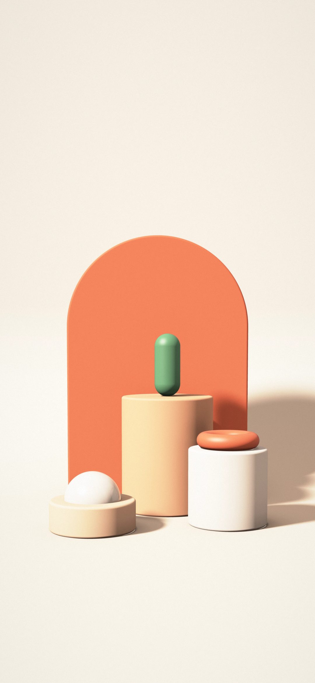 Peach Pedestal Trio: three peach and apricot pedestals hold green and coral shapes in front of a tall arch, with plain soft peach space above, iPhone wallpaper