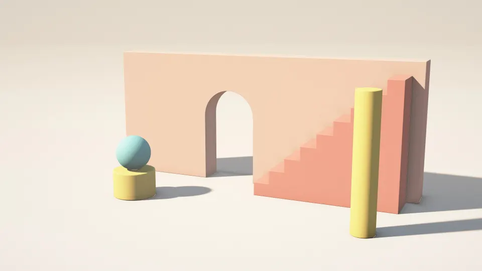 Peach Stairway Gate: a peach wall with an arched doorway, a coral staircase climbing beside it, a ball on a plinth and a column stand in sunlight, PC wallpaper