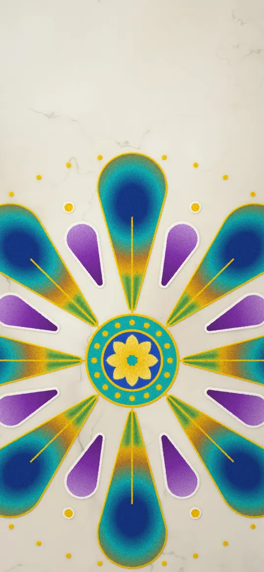 Peacock Feather Rangoli: eight peacock feathers in blue, teal and gold powder fan out from the centre of a rangoli on cream marble, iPhone wallpaper
