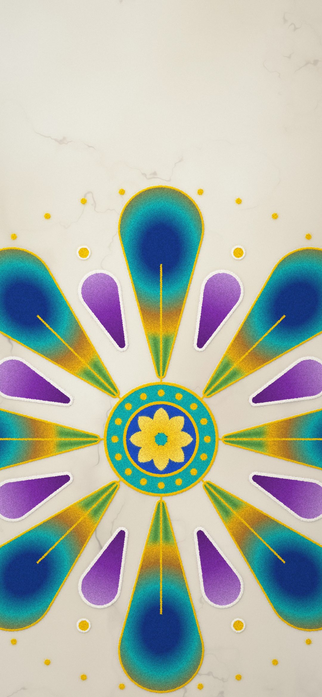 Peacock Feather Rangoli: eight peacock feathers in blue, teal and gold powder fan out from the centre of a rangoli on cream marble, iPhone wallpaper