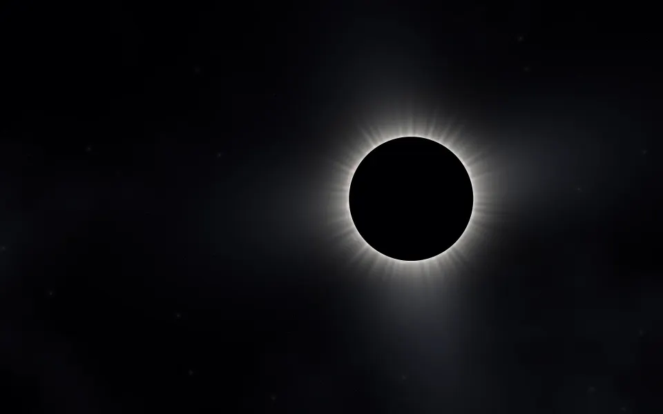 Pearl Halo Eclipse: a total eclipse hangs off-centre in a dark sky, pearly white corona streamers and tiny pink flames ringing the black moon, Mac wallpaper