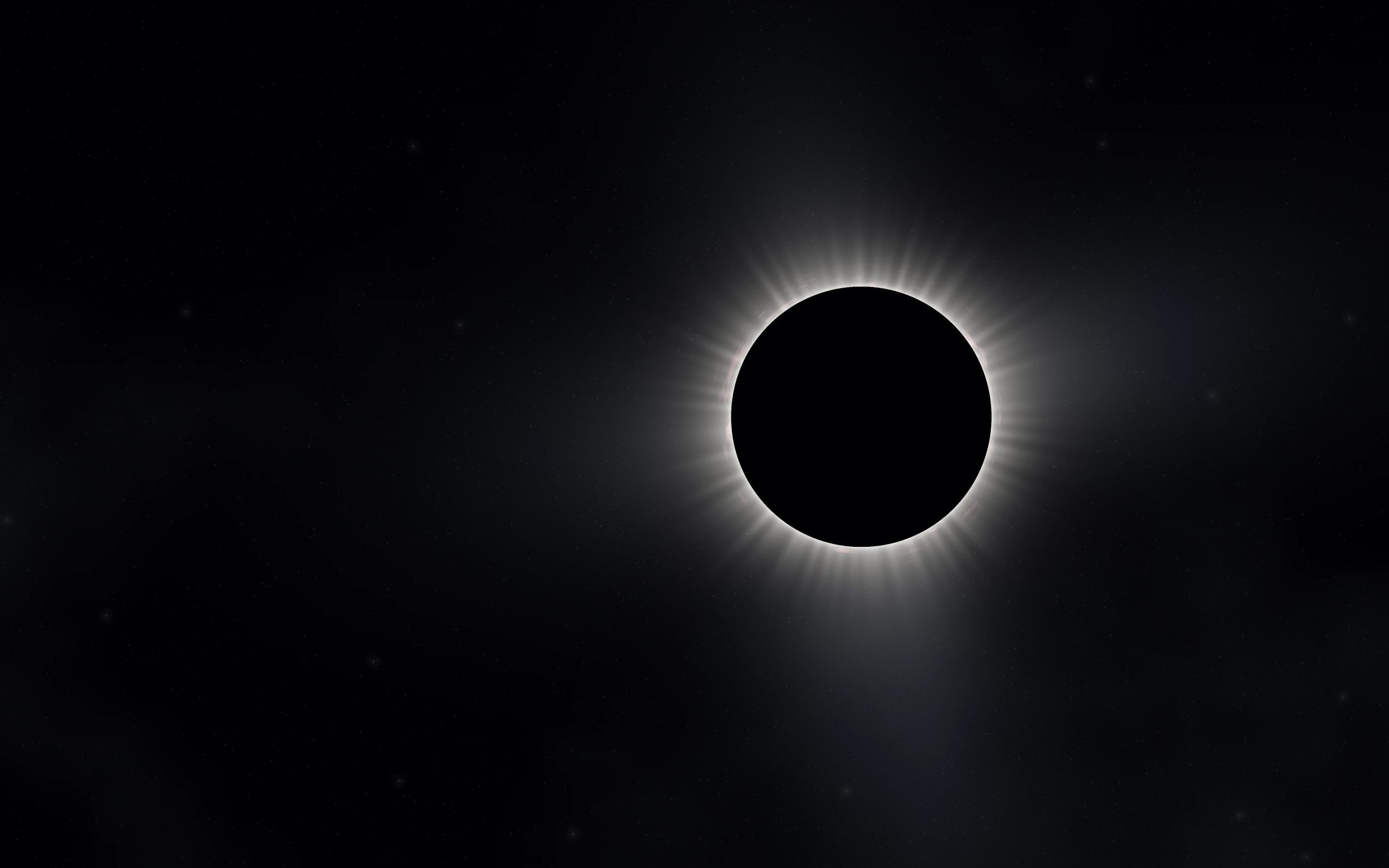 Pearl Halo Eclipse: a total eclipse hangs off-centre in a dark sky, pearly white corona streamers and tiny pink flames ringing the black moon, Mac wallpaper