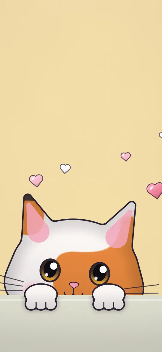 Peekaboo Calico Kitten: a calico kitten with big amber eyes peeks over a ledge, little paws resting on the edge, under floating hearts on butter yellow, iPhone wallpaper