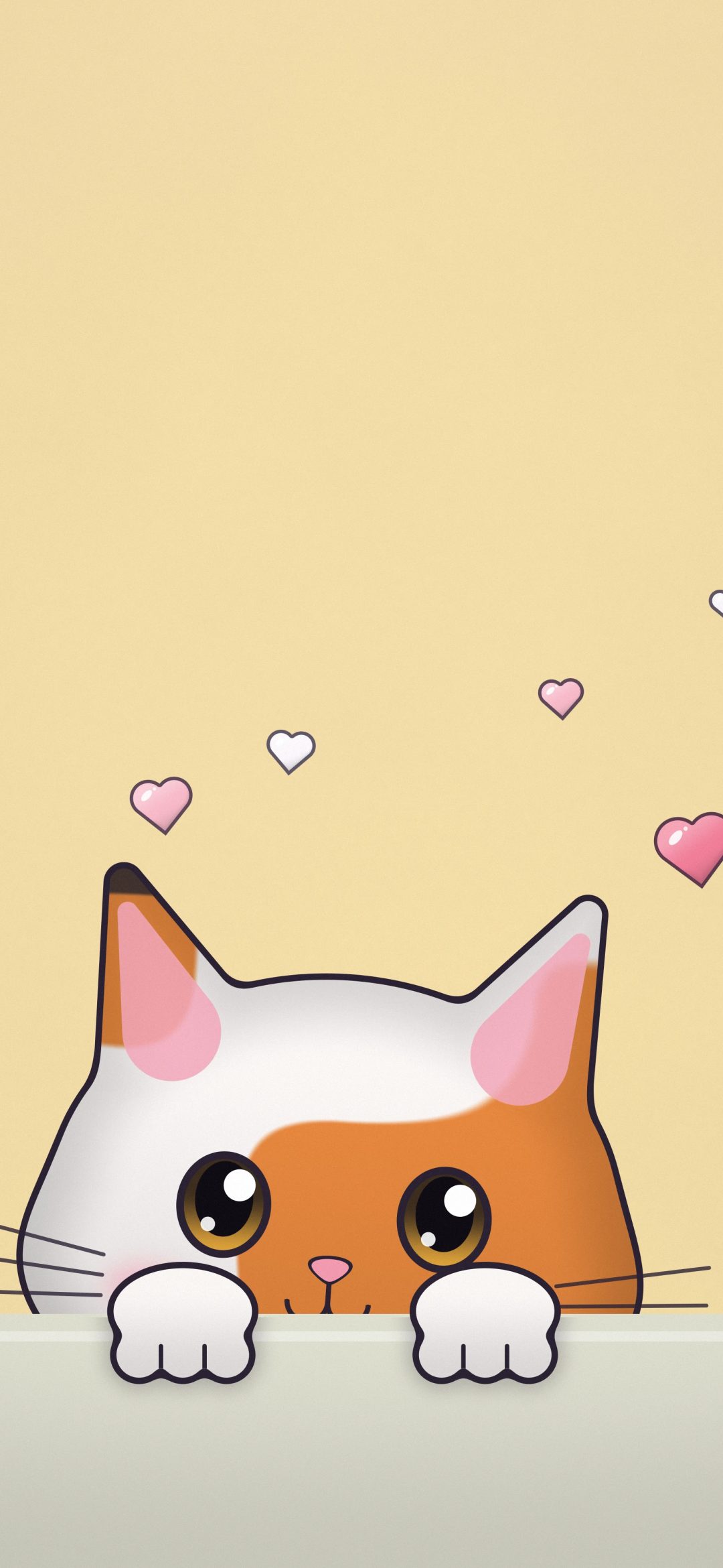 Peekaboo Calico Kitten: a calico kitten with big amber eyes peeks over a ledge, little paws resting on the edge, under floating hearts on butter yellow, iPhone wallpaper