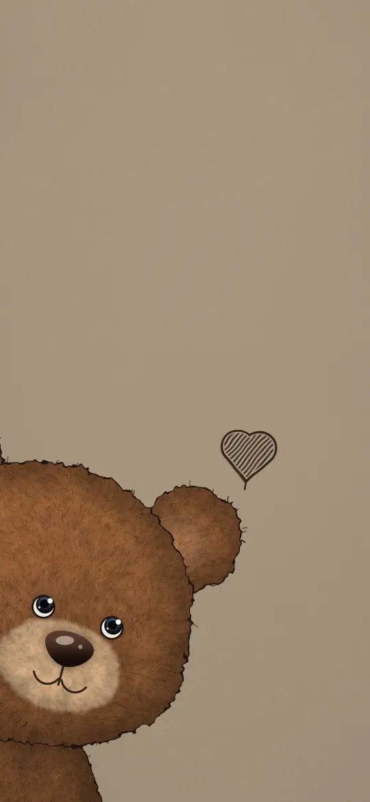 Peeking Teddy Bear: a fluffy brown teddy bear peeks in from the left edge, looking up at a hand-drawn hatched heart on warm taupe, iPhone wallpaper
