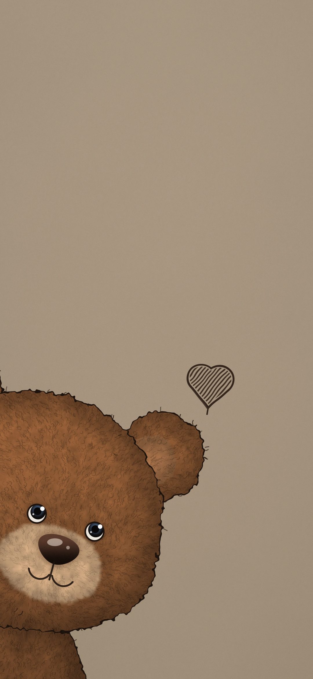 Peeking Teddy Bear: a fluffy brown teddy bear peeks in from the left edge, looking up at a hand-drawn hatched heart on warm taupe, iPhone wallpaper