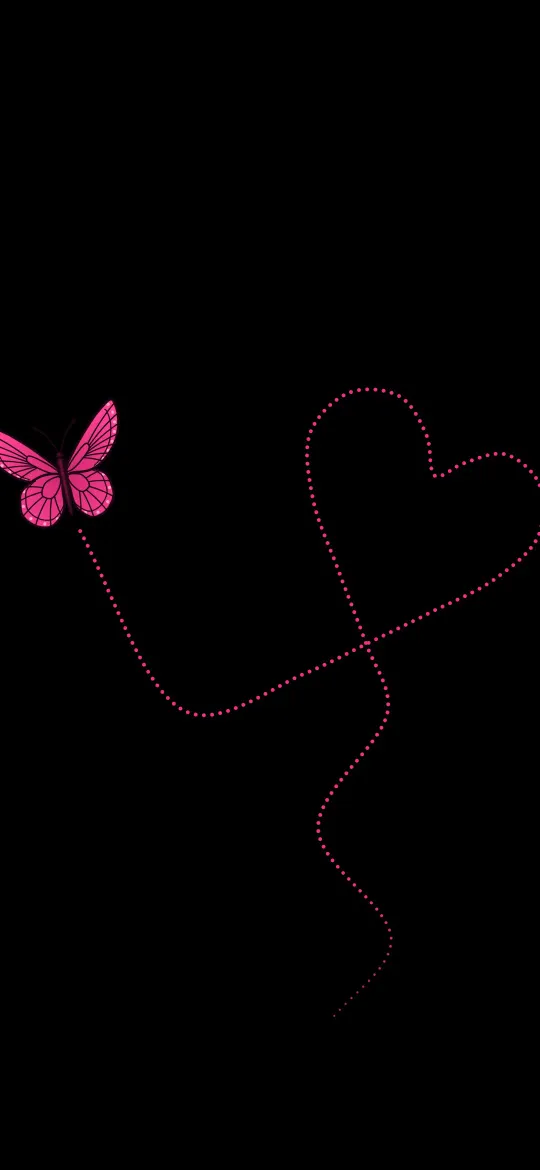 Pink Butterfly Heart Trail: a hot-pink butterfly leaves a trail of tiny pink dots that loops into a big heart and wanders down a true black screen, iPhone wallpaper