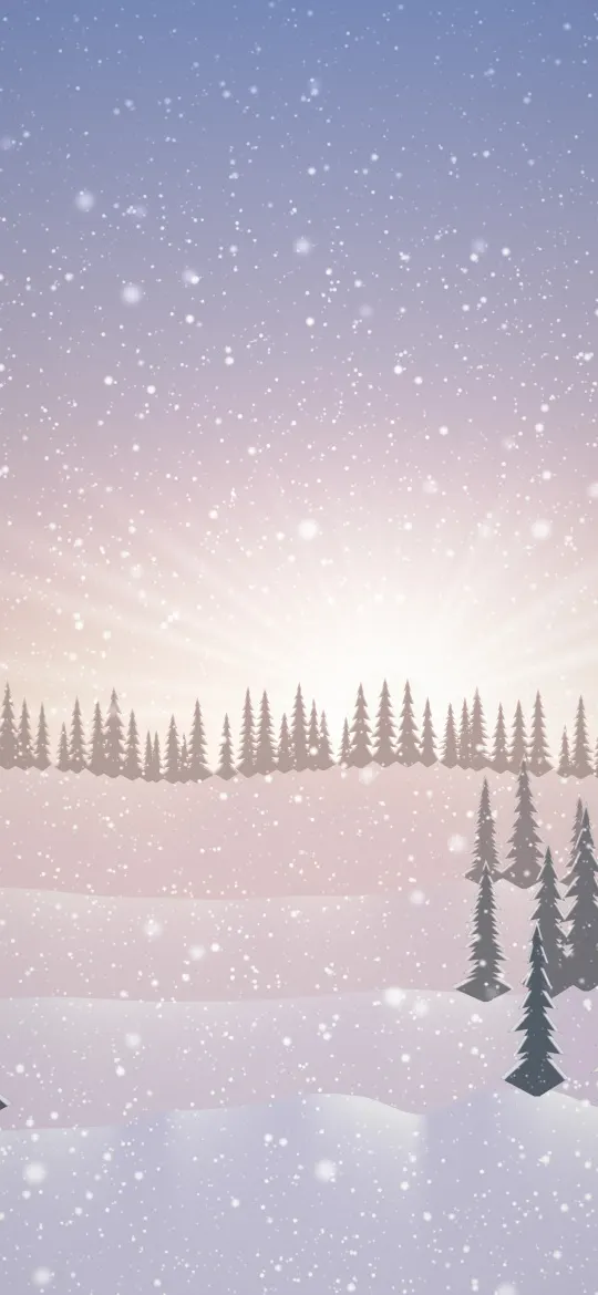 Pink Dawn Snowfall: snow drifts down over frosted fir trees and rolling white hills as a pale sun glows through a soft pink and periwinkle dawn sky, iPhone wallpaper