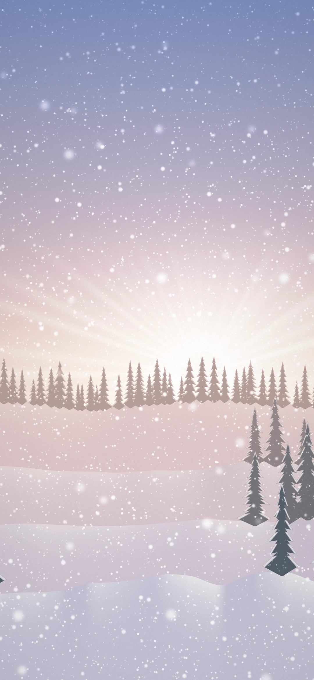 Pink Dawn Snowfall: snow drifts down over frosted fir trees and rolling white hills as a pale sun glows through a soft pink and periwinkle dawn sky, iPhone wallpaper