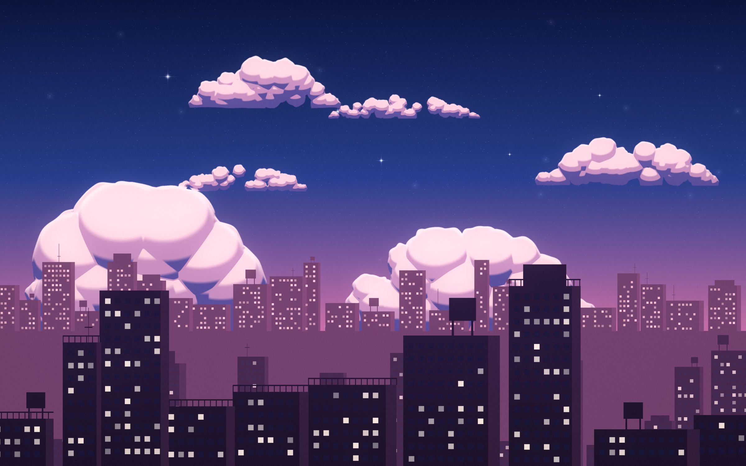 Pink Dusk Metropolis: pink dusk clouds hang over a dense skyline of glowing windows, the first stars appearing in a deep indigo sky, Mac wallpaper