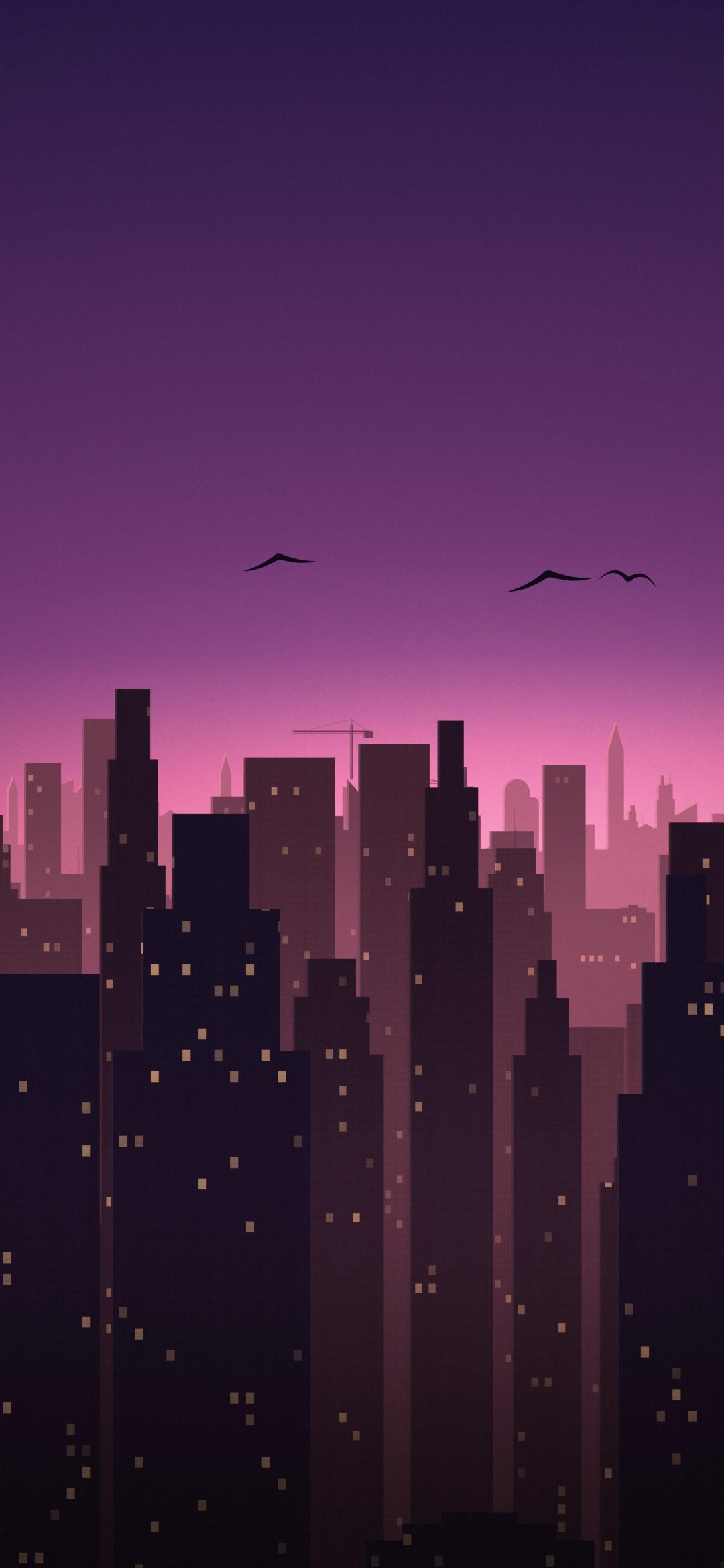 Pink Dusk Skyline: dark towers rise into a soft pink and violet dusk sky with a few birds, iPhone wallpaper