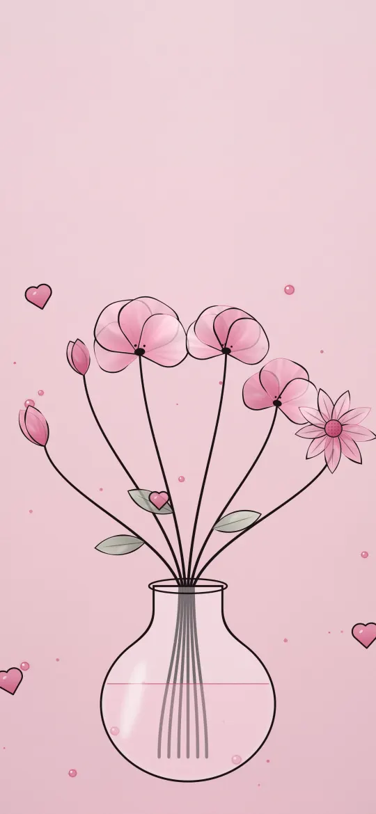 Pink Flowers in a Glass Vase: pink poppies, buds and a daisy stand in a clear round glass vase, with small hearts on blush pink, iPhone wallpaper
