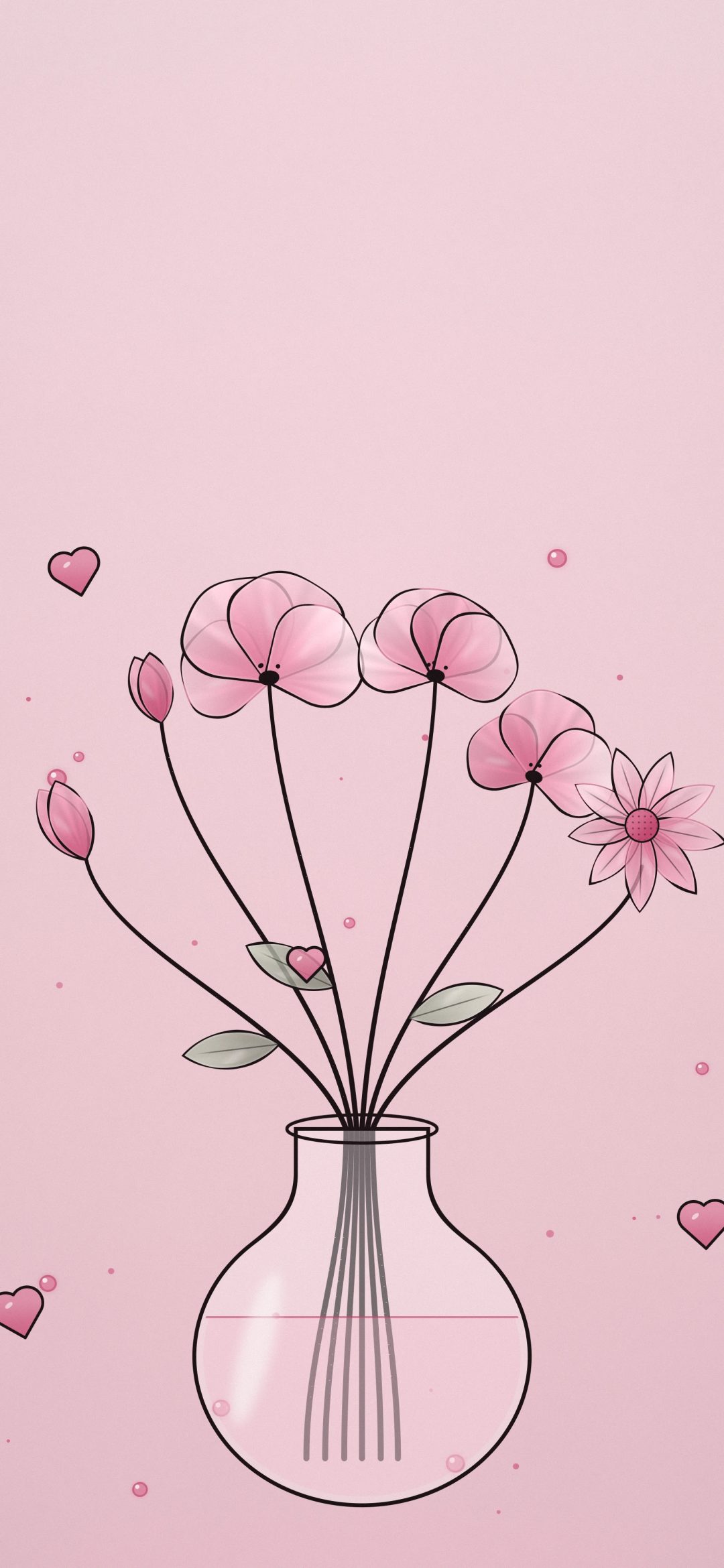 Pink Flowers in a Glass Vase: pink poppies, buds and a daisy stand in a clear round glass vase, with small hearts on blush pink, iPhone wallpaper