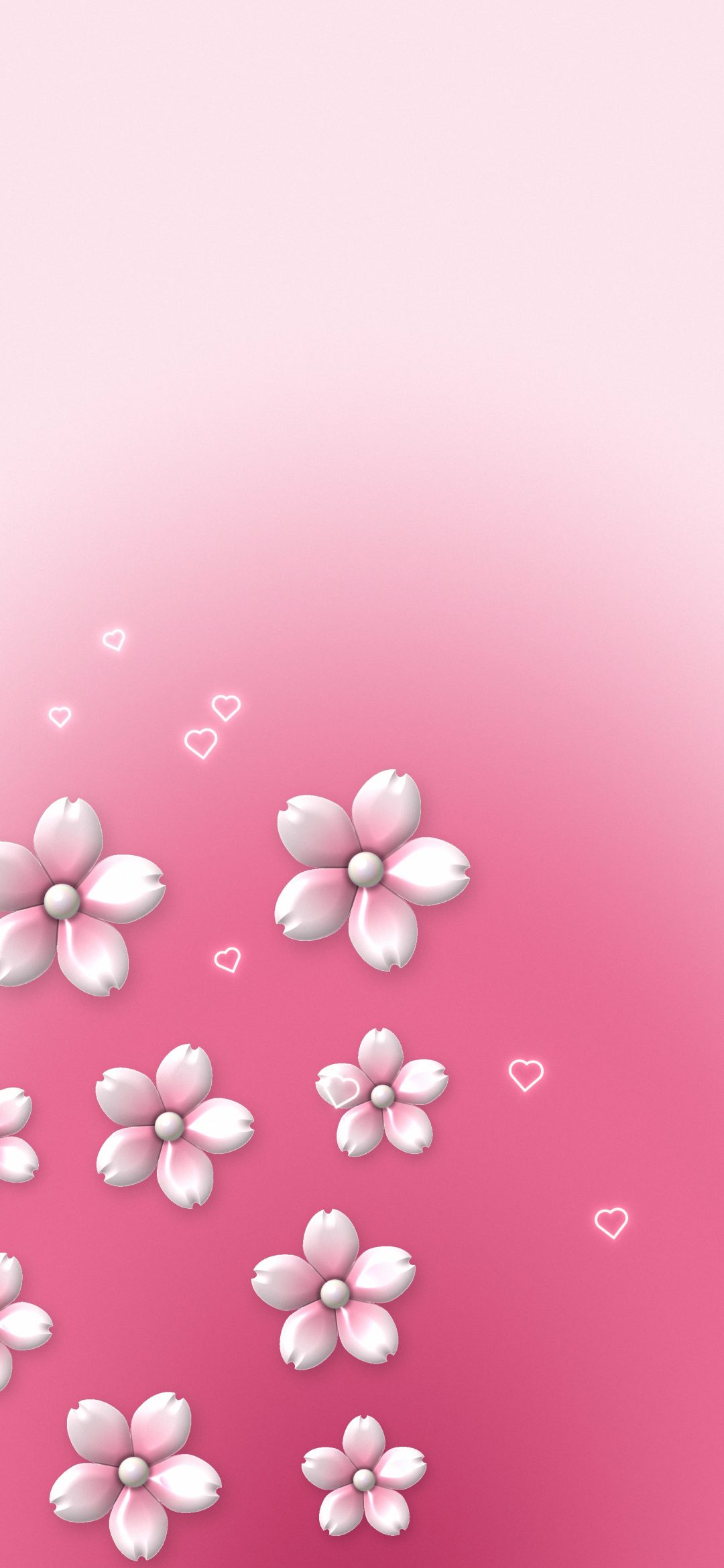 Pink Sakura Scatter: small glossy pink sakura flowers are scattered over a rose pink gradient, iPhone wallpaper