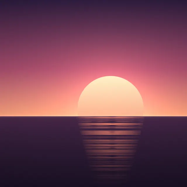 Plum Shore Sundown: a glowing coral sun drops into a plum-coloured sea, long ripples of reflected light fading slowly toward the shore, iPad wallpaper