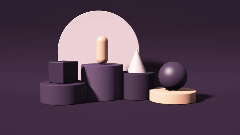 Plum Stage Shapes: deep plum cylinders of four heights hold glowing peach and rose shapes on a dark aubergine stage before a pale pink arch, PC wallpaper