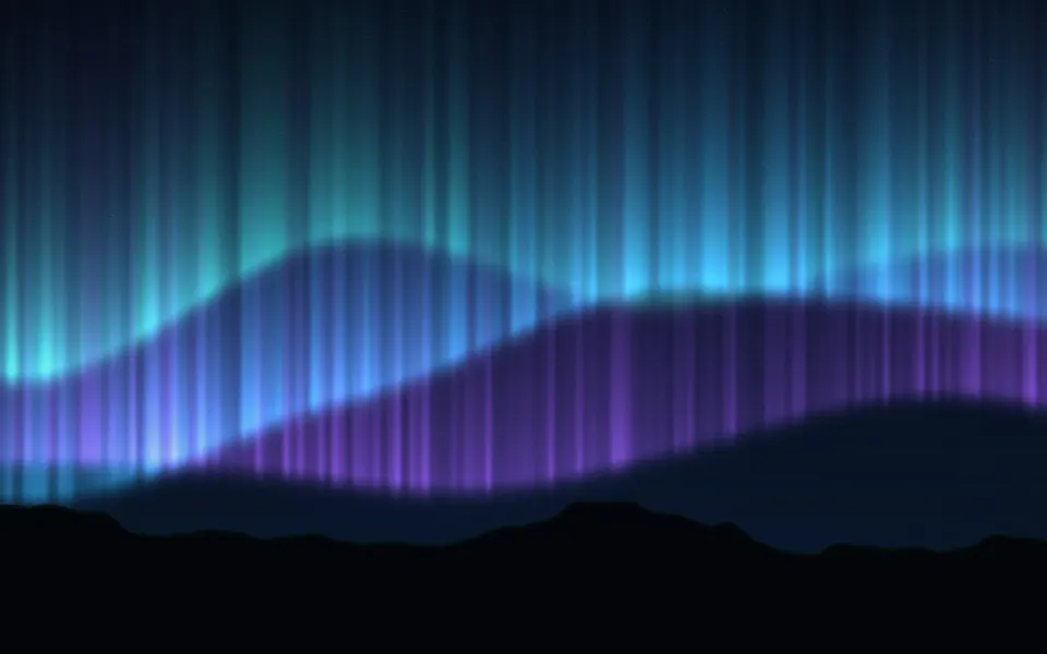 Polar Night Aurora: green, blue and violet curtains of light ripple over a dark mountain ridge under a sky scattered with stars, Mac wallpaper