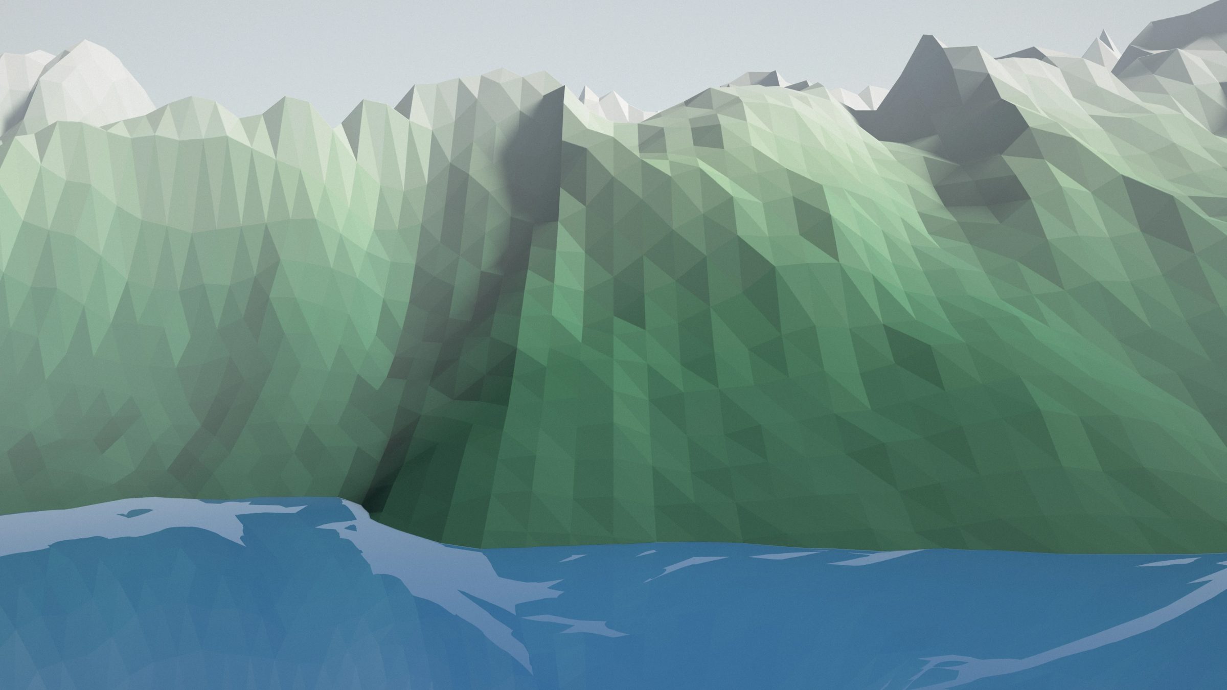 Polygon Alpine Lake: flat-shaded alpine slopes in pine green and slate grey rise to white peaks above a cold blue lake under a pale sky, PC wallpaper