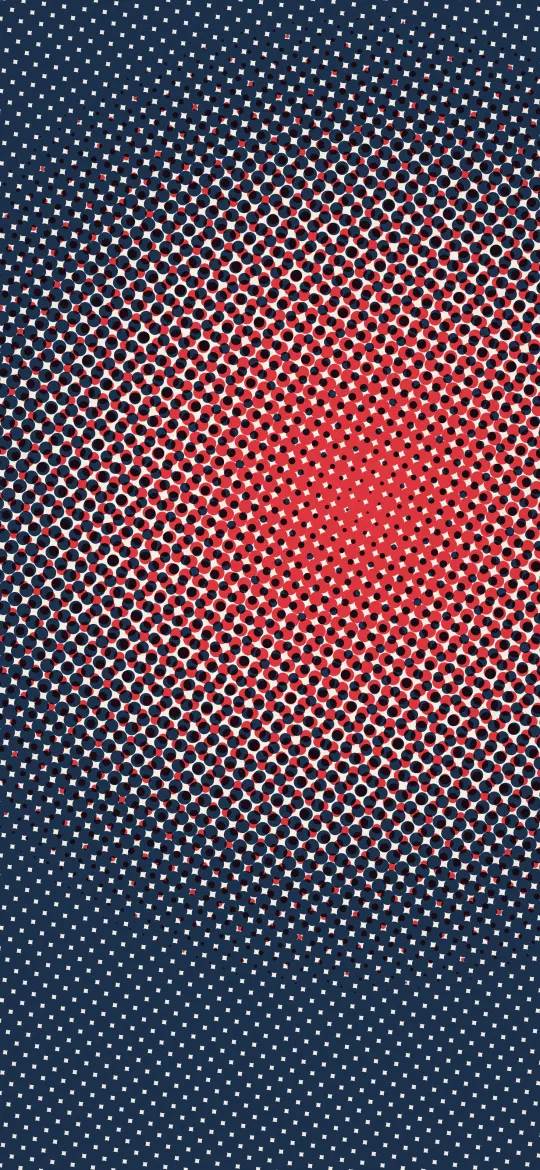 Pop Art Dot Burst: red and navy halftone dots swell toward a bright centre and shrink to pinpricks at the edges, like a vintage comic print, iPhone wallpaper