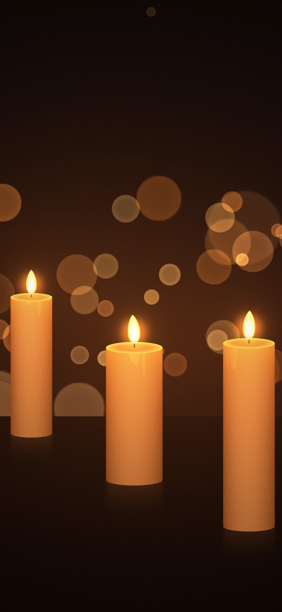 Pumpkin Orange Candles: three orange pillar candles with melted tops and wax drips flicker on a black table, casting a warm reflection and a soft amber glow, iPhone wallpaper