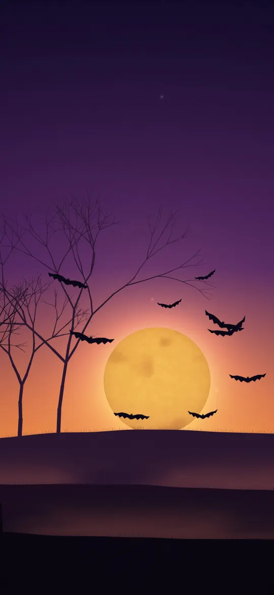 Purple Dusk Hills: a large orange moon sinks behind layered purple hills with bare tree silhouettes, as bats fly through a violet and tangerine dusk sky, iPhone wallpaper