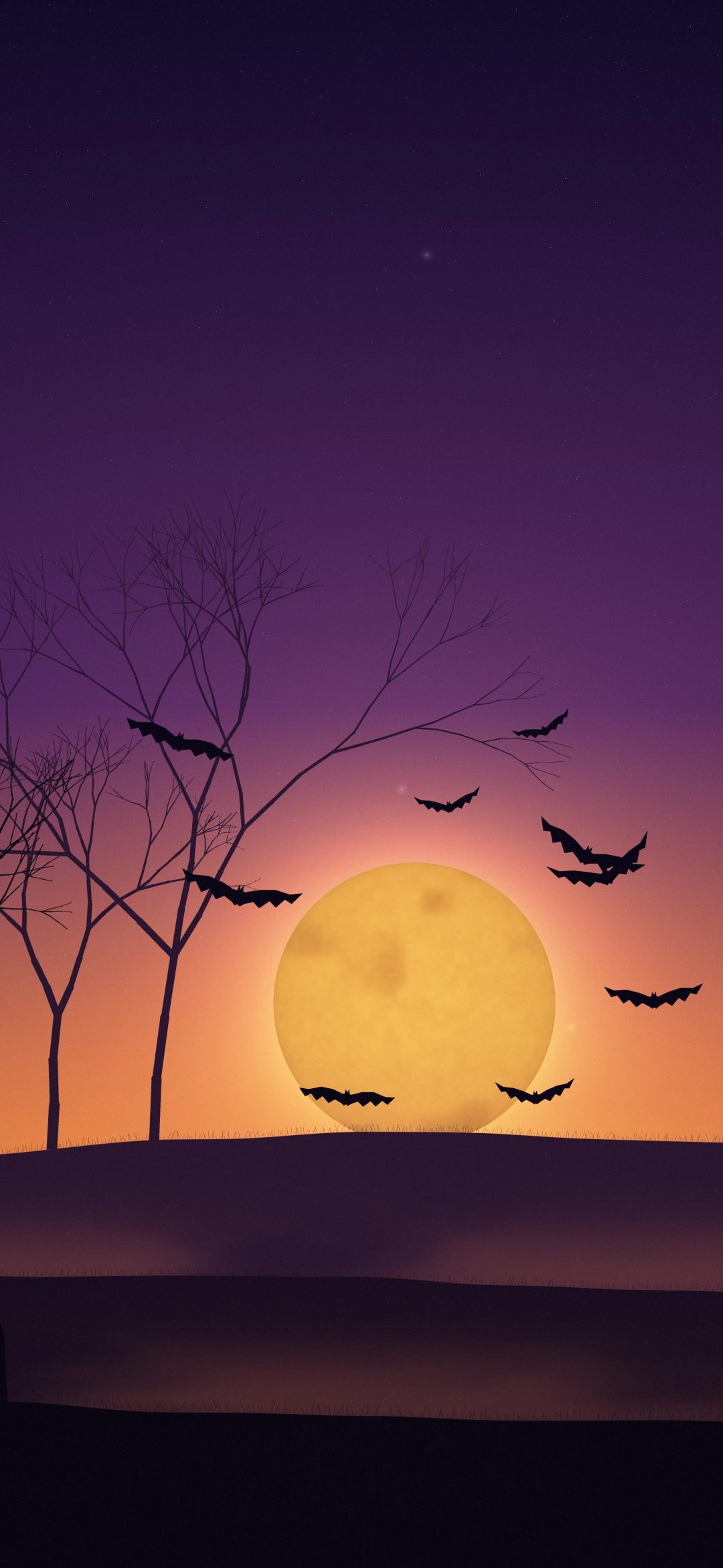 Purple Dusk Hills: a large orange moon sinks behind layered purple hills with bare tree silhouettes, as bats fly through a violet and tangerine dusk sky, iPhone wallpaper