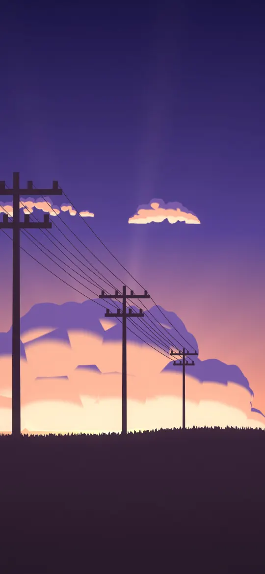 Pylon Field Sunset: utility poles march across a dark grassy hill toward a glowing sunset, rays of light fanning out behind a pink-lit cloud, iPhone wallpaper