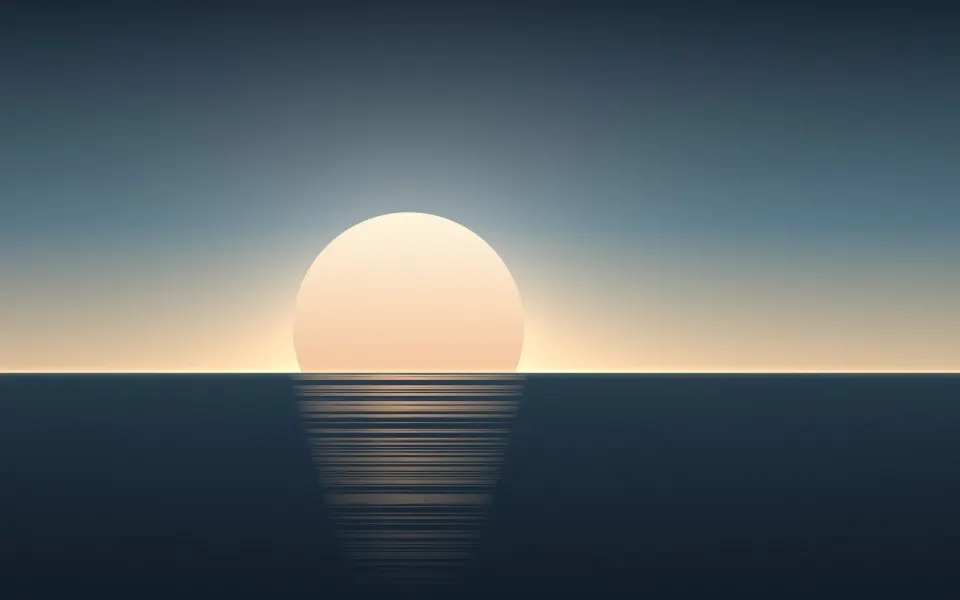 Quiet Bay Sunset: a pale gold sun sinks into a calm grey-blue bay, its soft reflection broken into streaks beneath the evening sky, Mac wallpaper