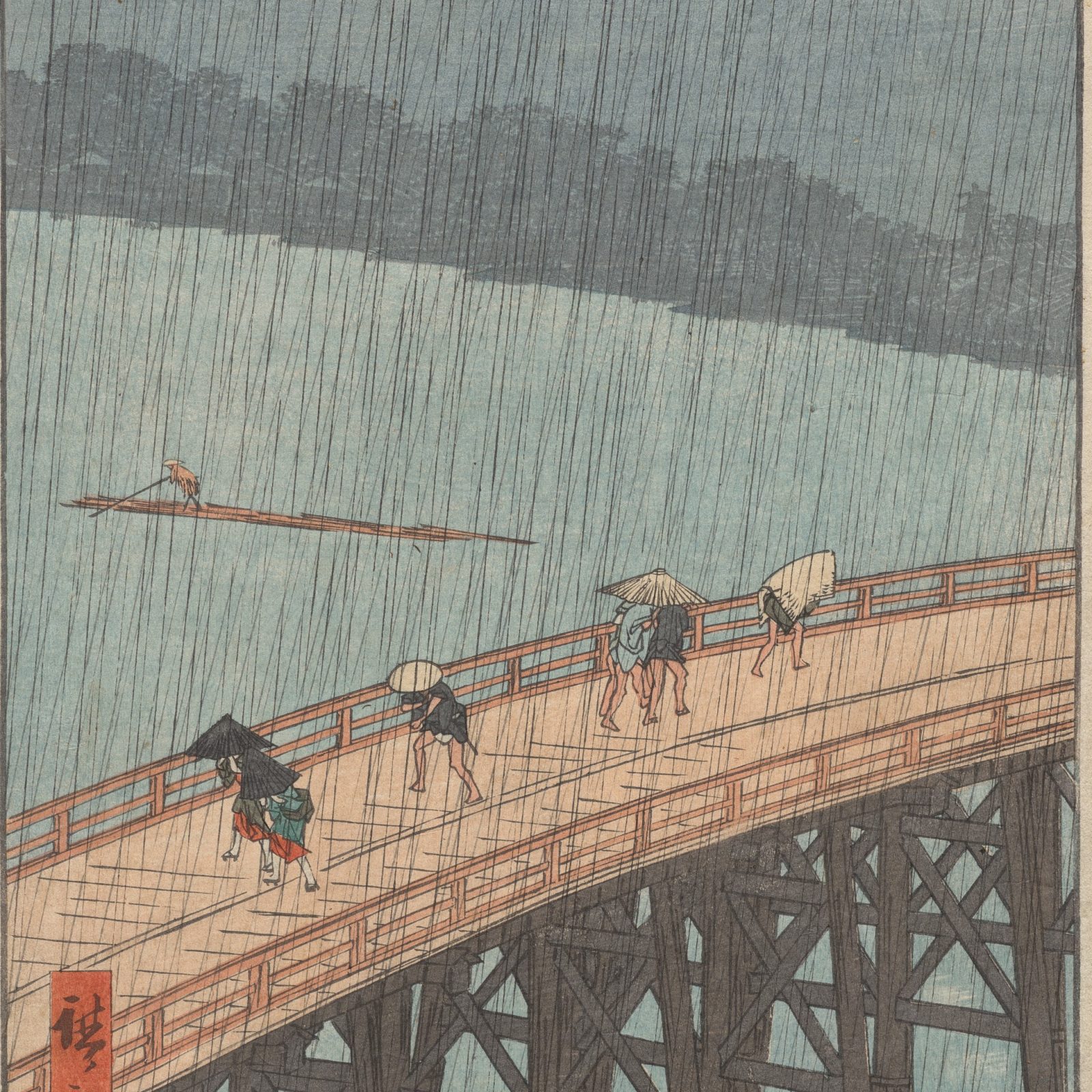 Heavy rain over a wooden bridge with people crossing, woodblock style