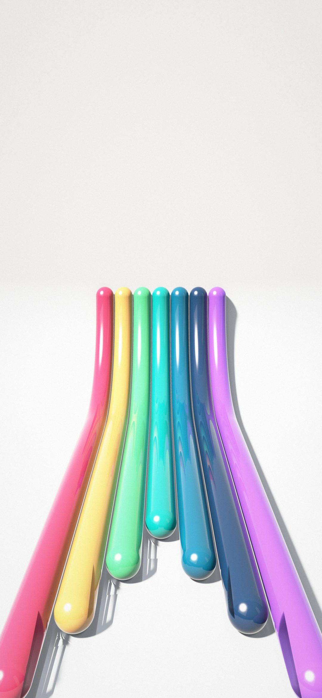 Rainbow Pipes Rising: seven glossy tubes in pink, yellow, green, blue, navy and purple run toward you and sweep up a pale grey studio wall, iPhone wallpaper